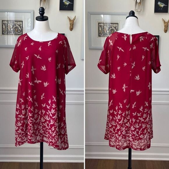 Rising International Red Shift Dress Chiffon Bird Print XL - Picture 1 of 7